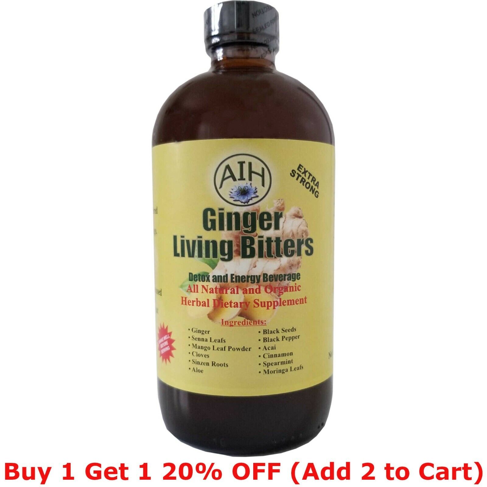 AIH Organic Ginger Living Bitters Herbal Dietary Supplement Detox & Energy 16 OZ