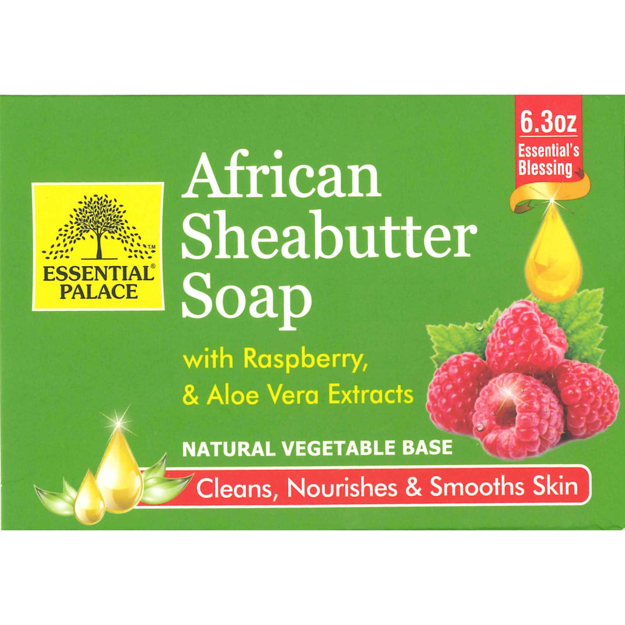 Essential Palace African Sheabutter Soap With Raspberry and Aloe Vera Extracts, Natural Vegetable Base, Cleans, Nourishes and Smooths Skin, Purifying, Soothing for Dry Skin and Body, Perfect For All Skin Types 6.3 OZ