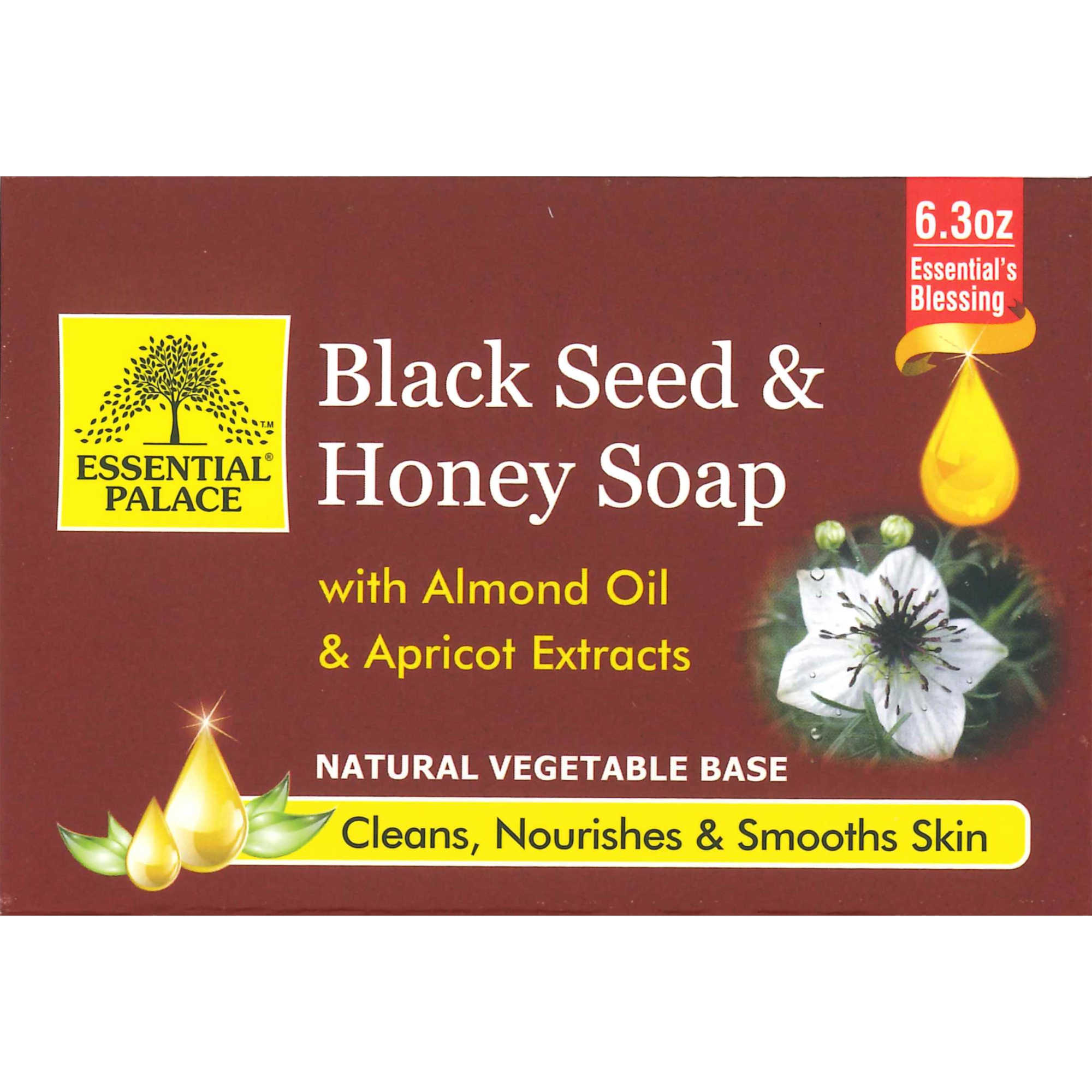 Essential Palace Black Seed and Honey Soap with Almond Oil and Apricot Extracts, Natural Vegetable Base, Cleans, Nourishes and Smooths Skin, Purifying and Soothing for Dry Skin and Body, Perfect For All Skin Types 6.3 OZ