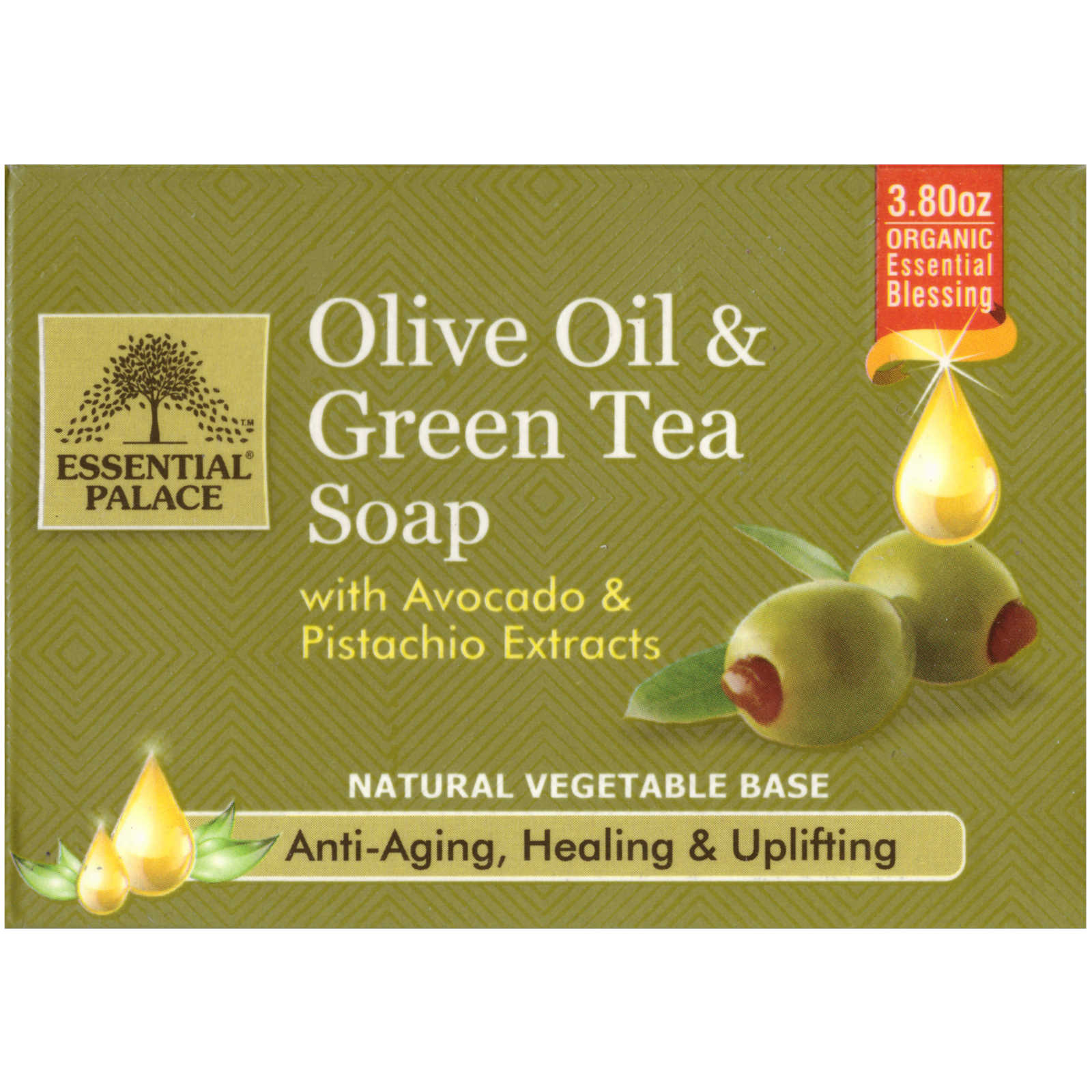 Essential Palace Organic Olive Oil and Green Tea Soap with Avocado and Pistachio Extracts, Natural Vegetable Base, Anti-Aging, Healing and Uplifting, Perfect For All Skin Types 3.80 OZ