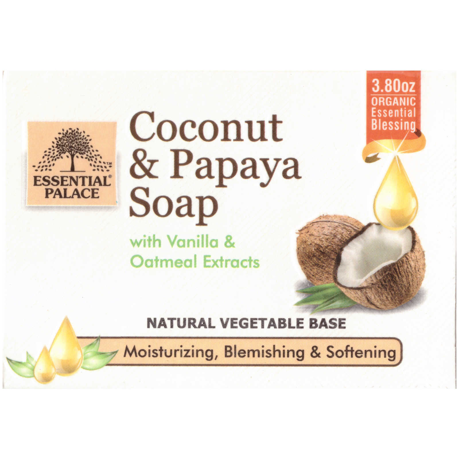 Essential Palace Organic Coconut and Papaya Soap With Vanilla and Oatmeal Extracts, Natural Vegetable Base, Moisturizing, Blemishing and Softening, Perfect For All Skin Types 3.80 OZ