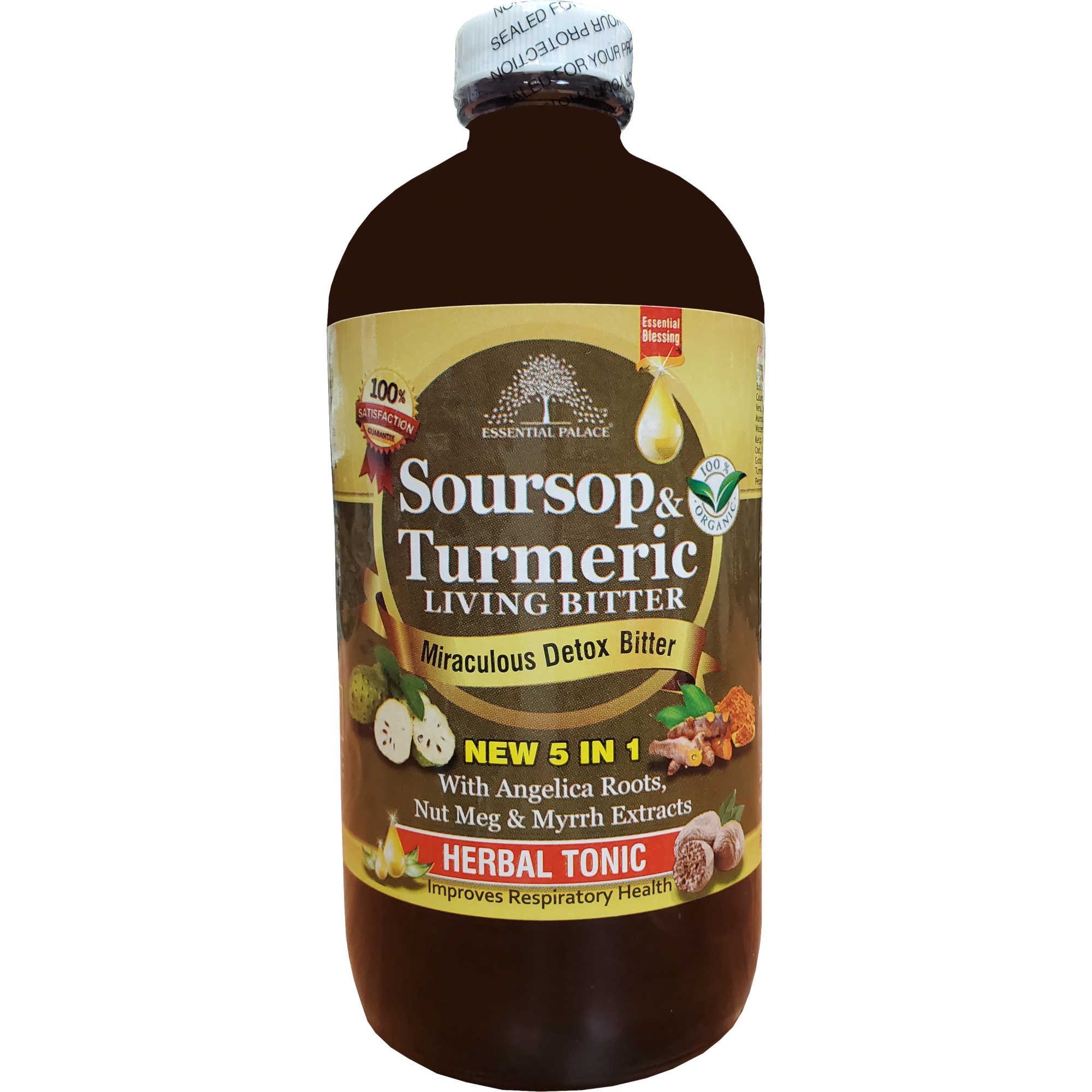 Essential Palace Soursop and Turmeric Living Bitters, The Miraculous Detox Bitter, 5 IN 1, Herbal Tonic, Improves Respiratory Health, Prevents Heart and Nerve Diseases, Regulates Bowel Movements, Organic - 16 OZ