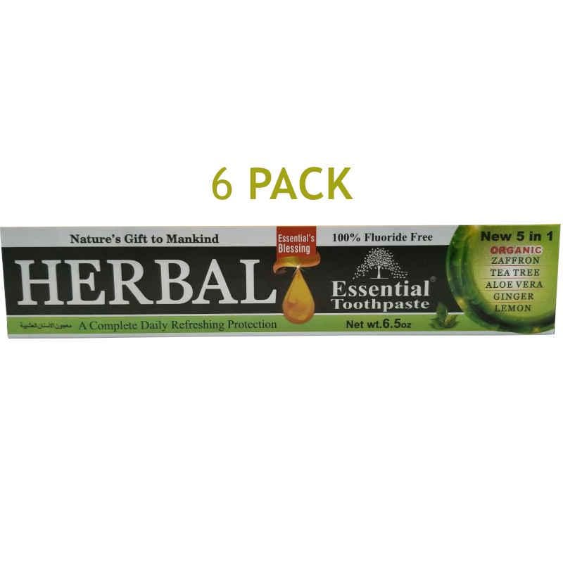Essential Palace - Organic Herbal Toothpaste - Refreshing - Fluoride Free - Vegetable Base - 5 IN 1 Organic Ingredients - 6.5 OZ 6 Pack